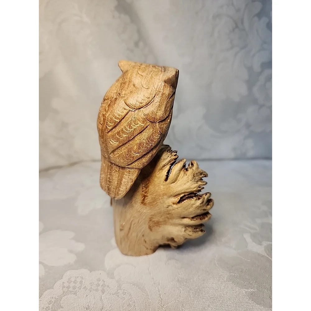 Handcrafted Owl Figurine Carved On Parasite Burl Wood,Excellent Cond.